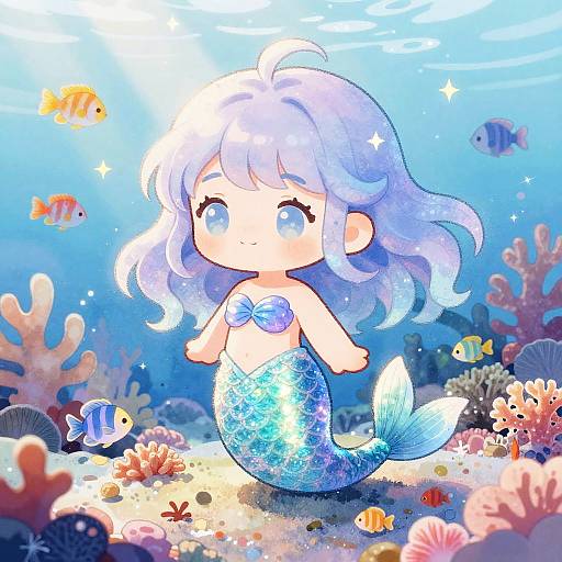 Cute chibi-style mermaid with blue hair and shimmering tail, surrounded by colorful fish and coral in a vibrant underwater scene. Digital art.