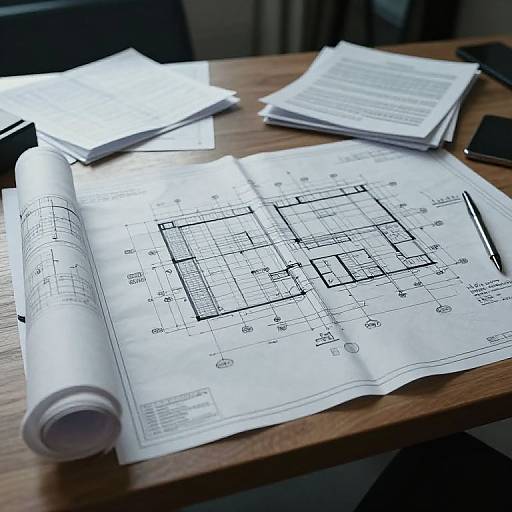 Messy Office Desk with Blueprints