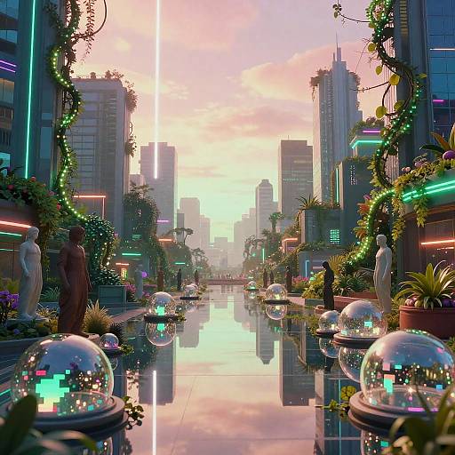 Digital art of a futuristic urban street at sunset, featuring glowing neon lights, glass domes, statues, and lush greenery.