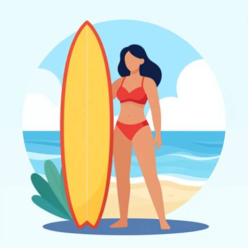 Digital illustration of a curvy woman with long black hair in a red bikini, standing on a beach holding a tall yellow surfboard.