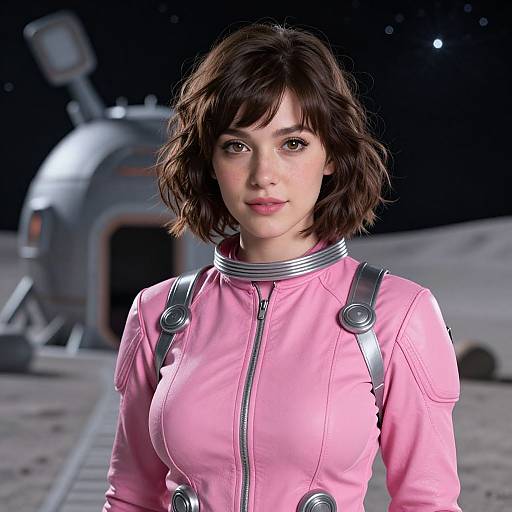 Photorealistic CGI of a young woman with short brown hair, wearing a pink zip-up spacesuit with silver straps, standing on a moon's surface