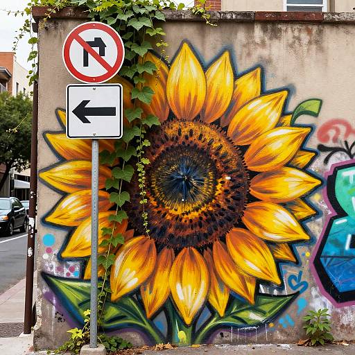 Sunflower Graffiti in Urban Alley