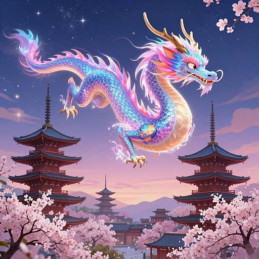 Digital illustration of a glowing blue and pink dragon flying above cherry blossom trees and traditional Asian pagodas at sunset.