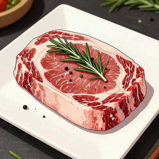 Illustrated digital image of a marbled, red beef steak garnished with a sprig of rosemary, black pepper, on a white plate.