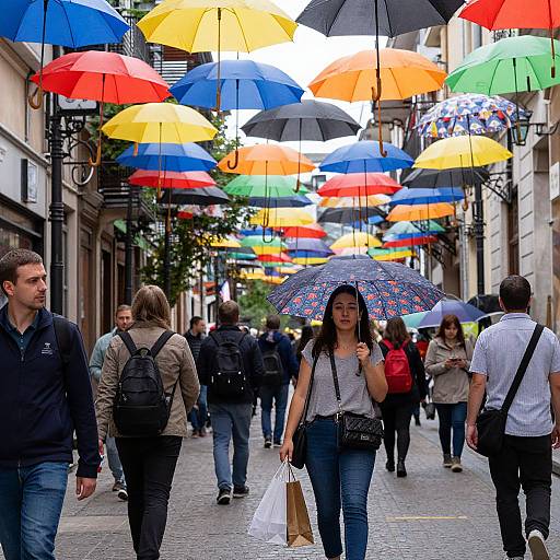 Colorful Umbrella Canopy Over Bucharest Street