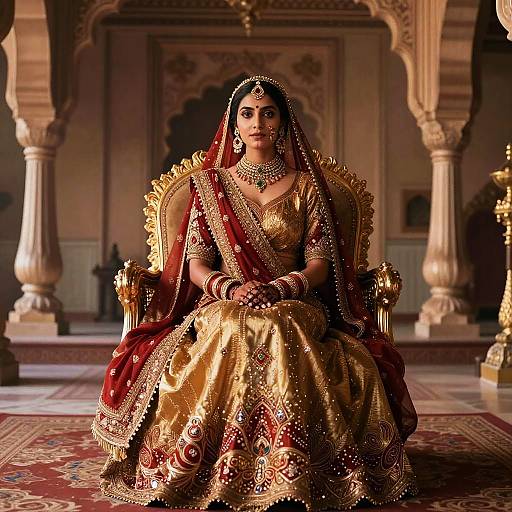Photograph of an Indian bride in a gold and red embroidered lehenga, seated on an ornate throne in a grand, columned hall.