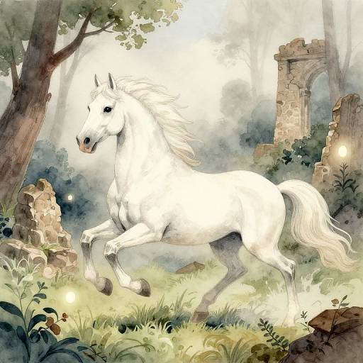 Noble White Horse in Misty Forest