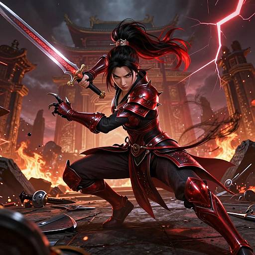 Digital art of a fierce Asian warrior with black hair in a ponytail, wielding a glowing red sword, amidst a fiery, ruined temple. Dark armor
