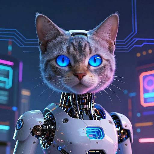 CGI image of a robotic cat with glowing blue eyes, metallic white and black robotic body, set in a futuristic, neon-lit background.