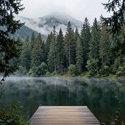 Photograph of a serene, mist-covered lake with a wooden dock in the foreground, surrounded by dense evergreen forest and foggy mountains in the background