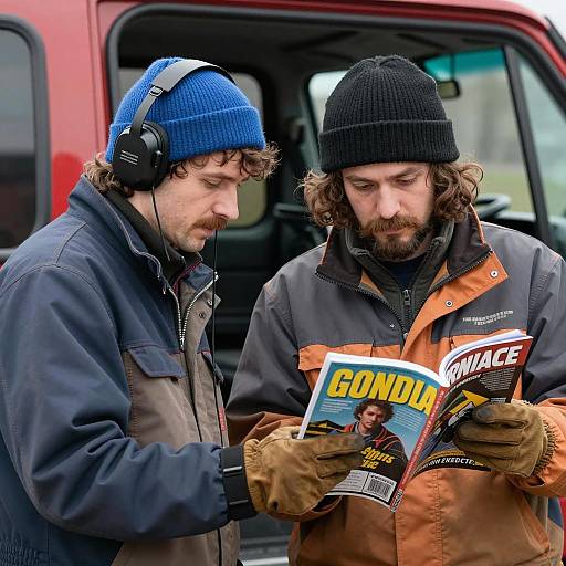 Curly Haired Men Engaging with Magazine