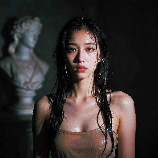 Wet Portrait of Asian Woman with Gothic Sculpture