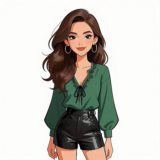 Stylish Woman Wearing Green Blouse and Black Leather Shorts
