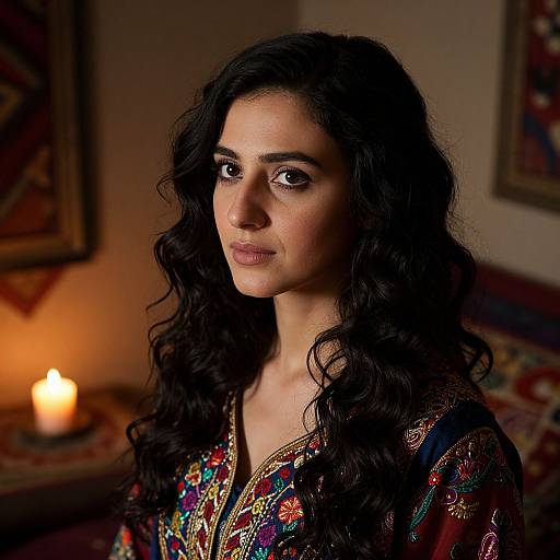 Photograph of a woman with long, wavy black hair, wearing an ornately patterned traditional outfit, standing in a warmly lit room with a