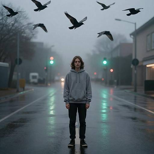 Foggy Dawn Urban Portrait with Birds