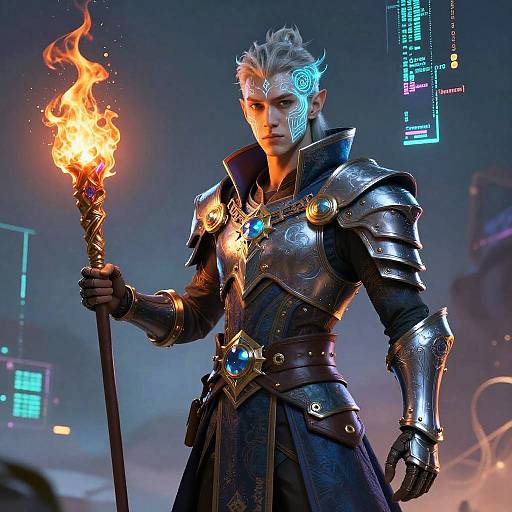 Digital art of a muscular, silver-haired male mage with glowing blue face tattoos, holding a flaming staff, in futuristic, neon-lit armor.