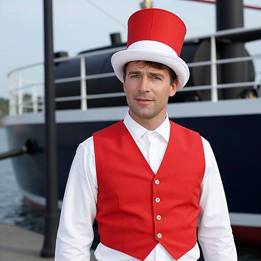 Photograph of a middle-aged man with fair skin, wearing a red top hat and vest over a white shirt, standing in front of a black and