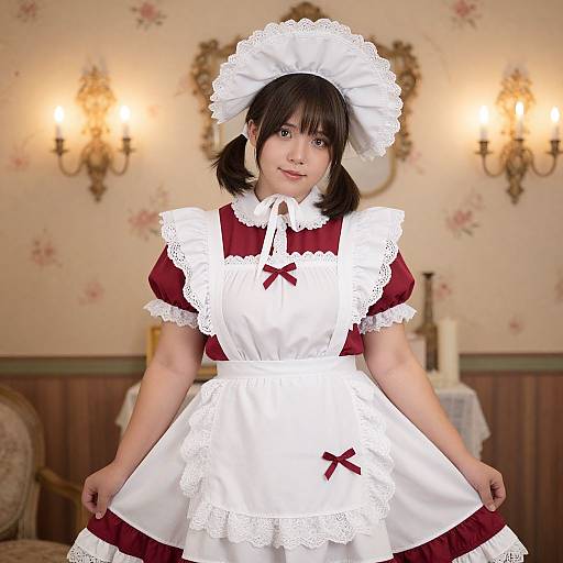 Photograph of an Asian woman in a red and white French maid costume with lace trim, pigtails, and headpiece, standing in a vintage