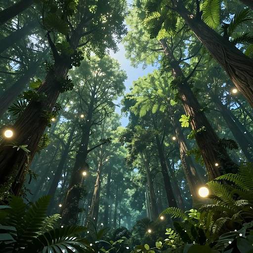 Photorealistic CGI forest scene, sunlight filtering through tall trees, glowing fireflies among dense green foliage, creating a magical, enchanted atmosphere.
