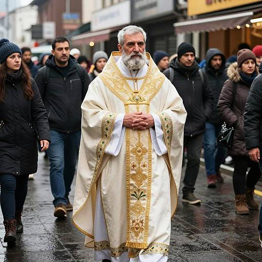 Elderly Clergyman in Urban Winter Scene