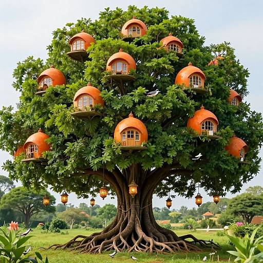 Photorealistic CGI of a large, lush tree with bright orange, dome-shaped birdhouses nestled in its green foliage, set in a sunny, grass