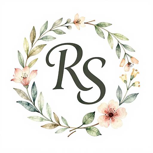 Watercolor-style floral wreath with pink flowers and green leaves surrounding a large, black, elegant 