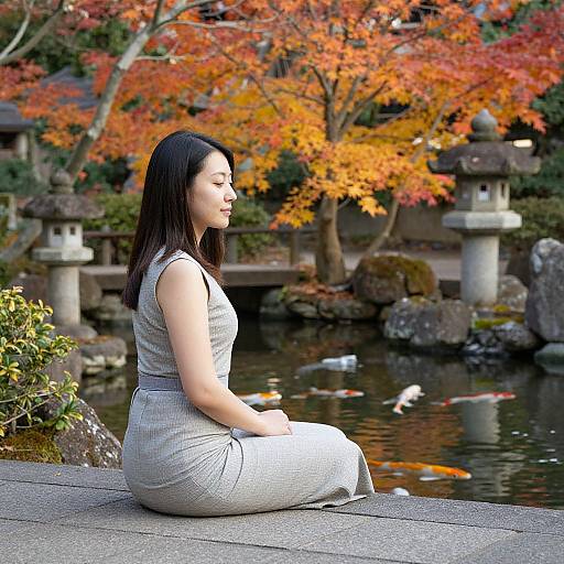 Asian woman in gray dress, seated by tranquil pond with koi fish, surrounded by autumnal trees and stone lanterns. Photograph.