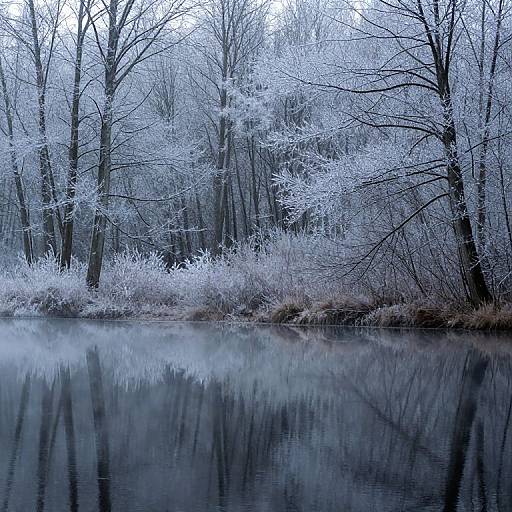 Photograph of a serene, frost-covered forest reflected in a calm, dark blue pond, with bare, icy trees and delicate frost on bushes.
