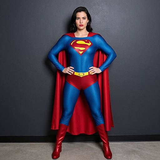 Photograph of a woman with pale skin and black hair, dressed as Superman, in blue and red costume, red boots, and cape, standing against