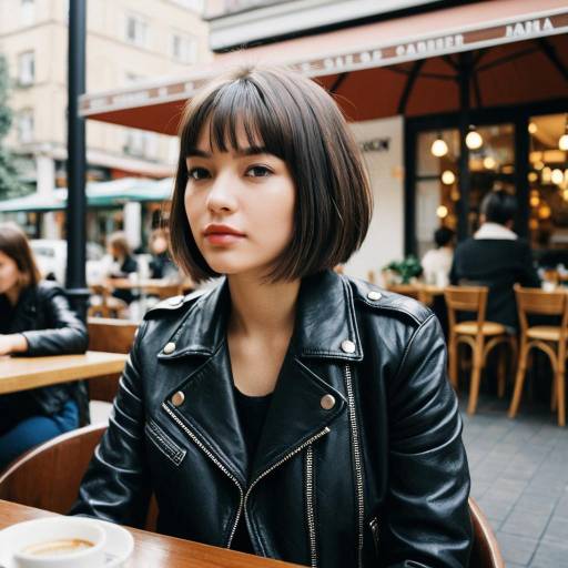 Young woman with jaw-length bob hairstyle in leather jacket at outdoor café