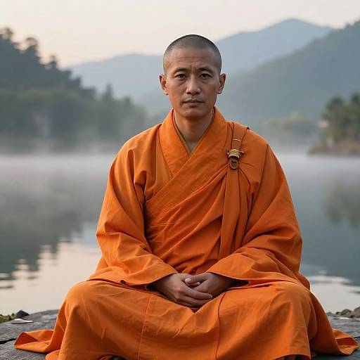 Photograph of an Asian monk with shaved head, wearing an orange robe, sitting cross-legged by a misty lake, with mountains in the background.