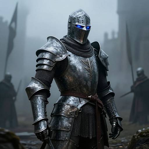 Photorealistic digital artwork of a silver-armored knight with blue glowing eyes standing in a foggy medieval battlefield, surrounded by blurred, shadowy figures