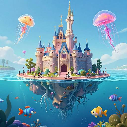 Whimsical digital illustration of a floating castle surrounded by colorful jellyfish, fish, and coral, with bicycles and trees on the surface.
