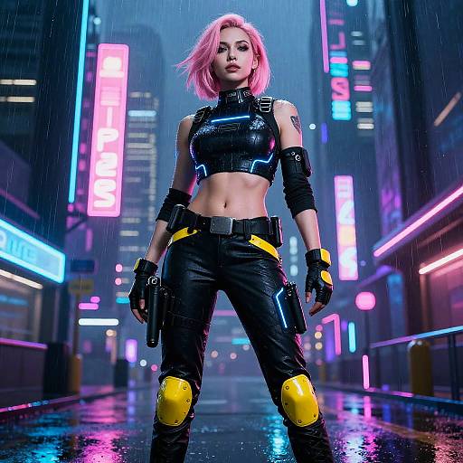 Cyberpunk Woman in Neon-Lit Rainy City