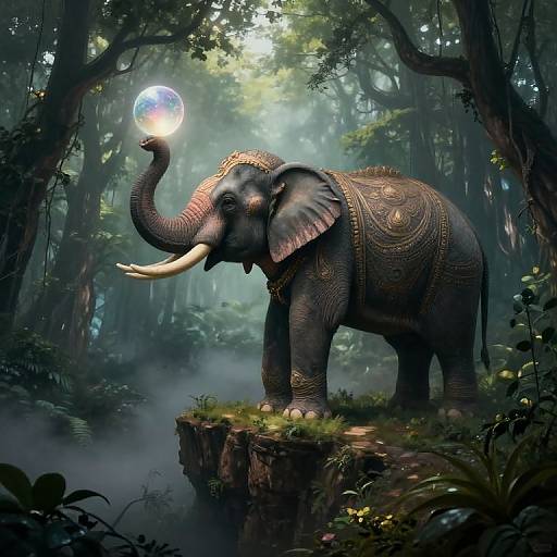 Digital artwork of an ornately adorned elephant holding a glowing Earth, standing on a mossy forest tree stump, surrounded by dense, misty jungle foliage