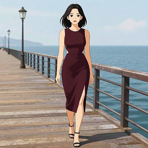 Anime-style digital drawing of a black-haired woman in a sleeveless, form-fitting black dress and black heels walking on a wooden pier by the sea