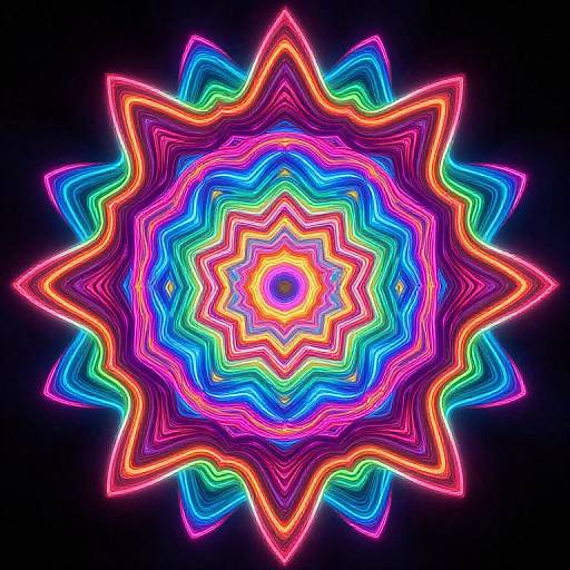 Neon, vibrant, multi-colored, starburst pattern with concentric, wavy lines in pink, blue, green, orange, yellow, and