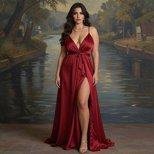 Photograph of a curvy woman with long black hair in a deep red, V-neck, high-slitted evening gown, standing confidently in front of