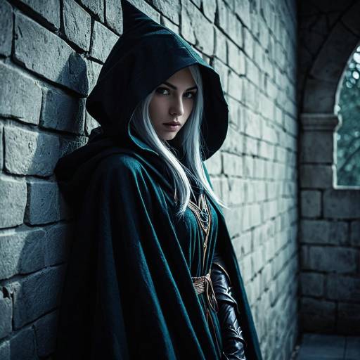 Mystical Woman in Hooded Cloak by Stone Wall