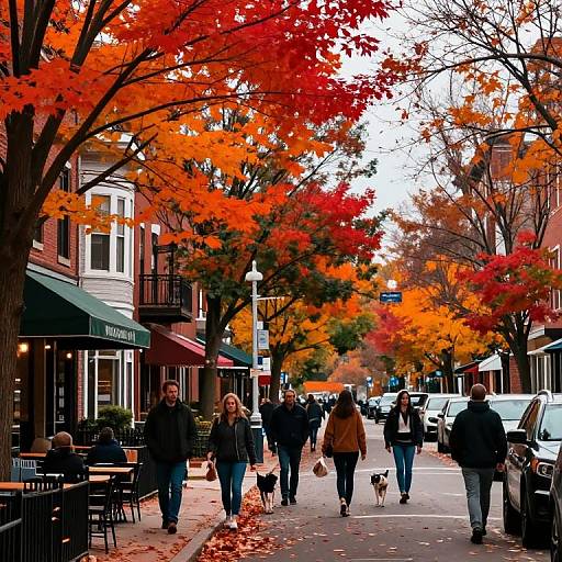 Photograph of a vibrant autumn street scene with people walking, dogs, and vivid red-orange leaves, lined with shops and parked cars.