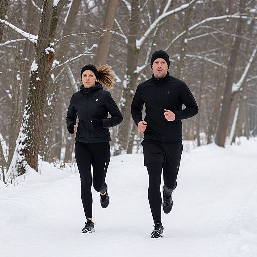 Photograph of a man and woman jogging in a snowy forest; both wear black winter clothes, beanie hats, and running shoes.