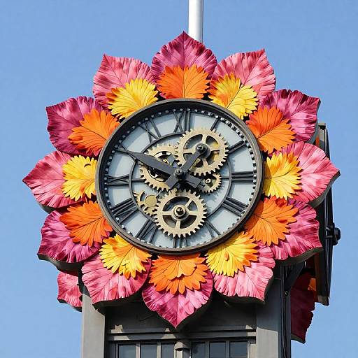 Photograph of a clock with intricate gears, surrounded by vibrant pink and orange flower petals, set against a clear blue sky.