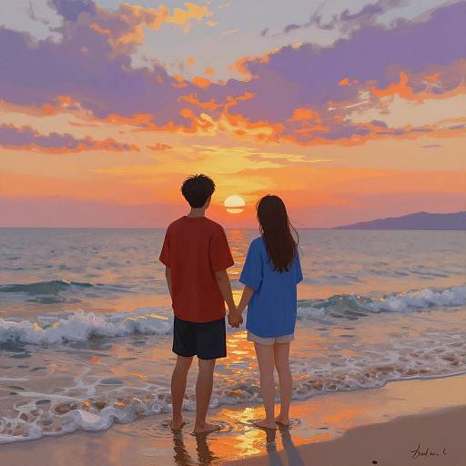 Couple Holding Hands Watching Sunset on Beach