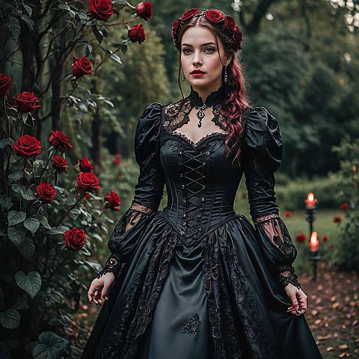 Gothic Victorian Woman in Rose Garden