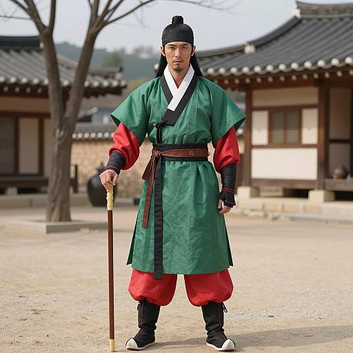 Man in Traditional Korean Warrior Hanbok with Staff