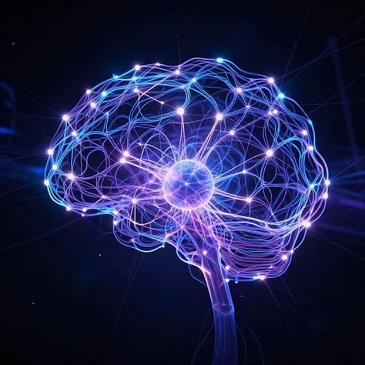 Digital art of a glowing, neon blue and purple brain tree against a dark background, with luminous nodes and intricate wire-like branches.