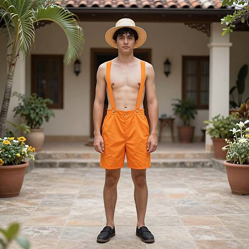 Young man in orange shorts, suspenders, straw hat, black shoes, standing on stone patio, tropical house background, potted plants, palm tree