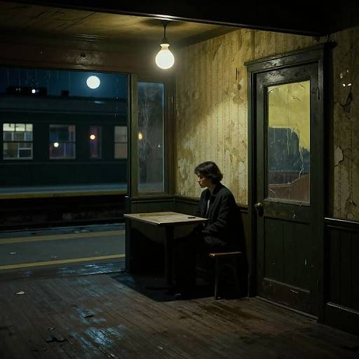 Photograph of a solitary, hooded figure seated at a wooden table in a dimly lit, aged, and grimy café at night, with