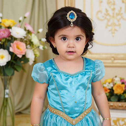 Photograph of a young Indian girl with dark hair, wearing a blue satin dress, gold trim, and blue headpiece, standing in front of floral