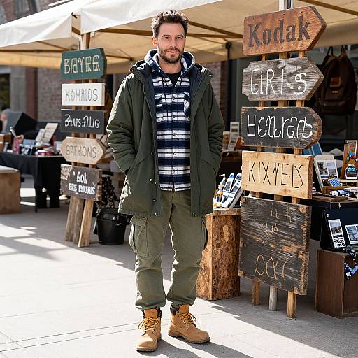 Photograph of a bearded man in a green coat, striped shirt, and brown boots standing in front of rustic wooden signposts with directional words in
